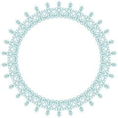 Oriental round frame with arabesques and floral elements. Floral border with blue vintage pattern. Greeting card with place for text
