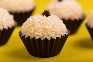 Party sweets on colorful background, Traditional Brazilian sweets.