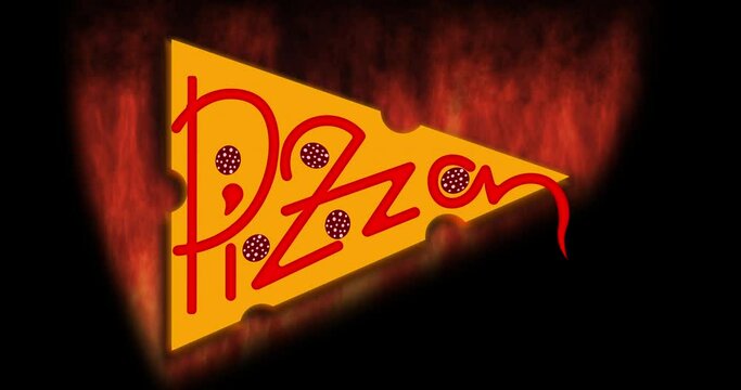 animated slice of pizza on the background of burning fire