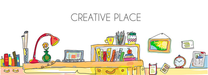 Creative place with laptop, books, home interior banner. Vector graphic illustration - 424440209