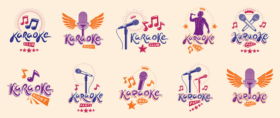 Karaoke party or club logos and emblems vector set isolated, singing music nightlife entertainment weekend theme, microphones and musical notes compositions.