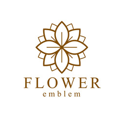Beautiful geometric flower logo vector linear design isolated on white, sacred geometry line drawing emblem or symbol, blossoming flower hotel or boutique or jewelry logotype.