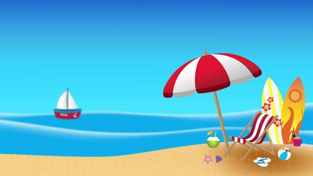 Summer beach video design in the seashore with beach umbrellas and chairs. It has a sea background. Summer for a beach vacation