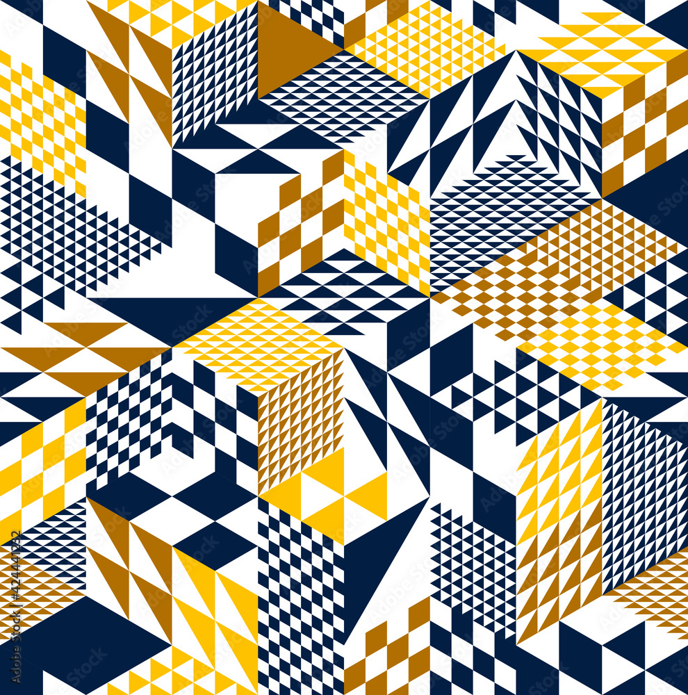 Poster seamless cubes vector background, rhombus and triangles boxes repeating tile pattern, 3d architectur