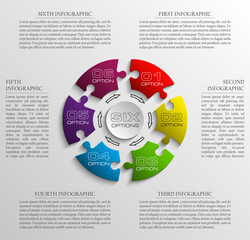 Six piece puzzle business presentation. Circle infograph. 6 step diagram