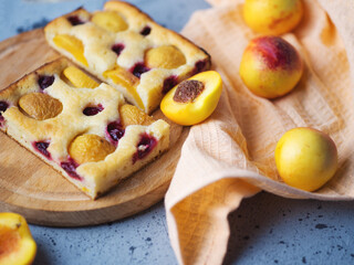 Homemade cherry and apricot pie, fruit halves