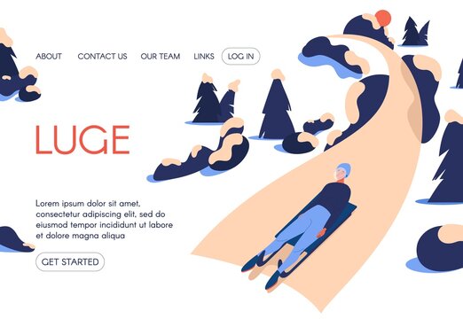 Concept sport landing page about professional luge banner drawn in cartoon style with trees and stones