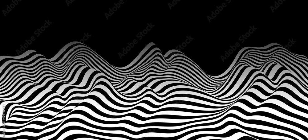 Poster 3d black and white lines in perspective abstract vector background, linear perspective terrain patte