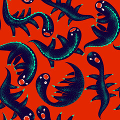 Scary horror monsters seamless vector textile pattern, beasts creatures endless wallpaper, stylish background for Halloween theme, funny picture.