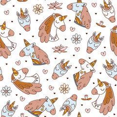 Unicorn seamless pattern, unicorn head clipart for kids, cute face animals, magic horse nursery room decor, neutral color illustration isolated on white. Vector