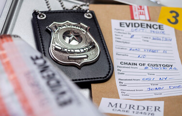Police badge next to evidence bag, concept image