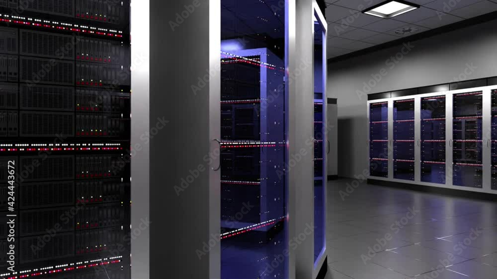 Poster data center with many rack servers standing in a row - hosting, storage concept - 3d 4k animation (3