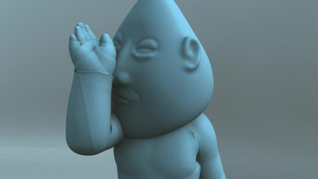 An Strange blue character with a big head  doing a reverence and other weird gestures. 3d animation
