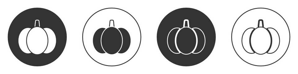 Black Pumpkin icon isolated on white background. Happy Halloween party. Circle button. Vector