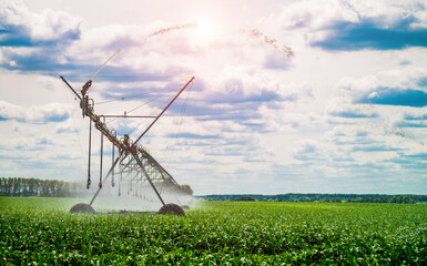 An irrigation pivot watering a field, beautiful view