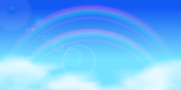青空と二重の虹と太陽の日差しと雲の雨上がりなベクターイラスト背景(風景、幻想的、ファンタジー)