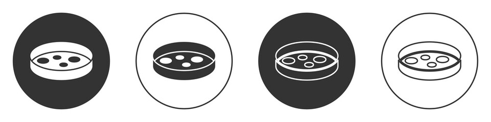 Black Petri dish with bacteria icon isolated on white background. Circle button. Vector