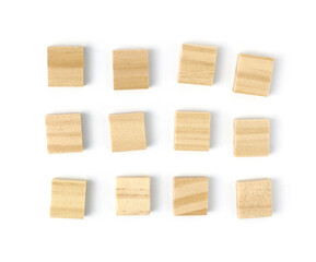 Top view, scraped wood tile in a square shape. Blank, enter a letter Isolated on white background. with copy space