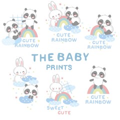 Cute Big Set Panda Bear and Rabbit vector illustration hand drawn bunny and panda with rainbow design print for t-shirt