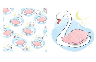 Swan Fairy seamless pattern Vector illustration Hand drawn set cute bird