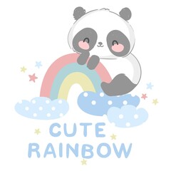 Cute happy Panda Bear vector illustration hand drawn panda with rainbow design print for t-shirt