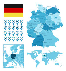 Germany detailed administrative blue map with country flag and location on the world map. Vector illustration