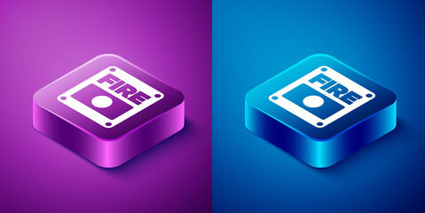 Isometric Fire alarm system icon isolated on blue and purple background. Pull danger fire safety box. Square button. Vector