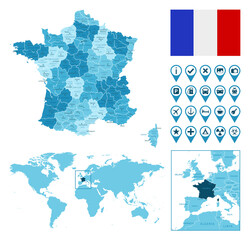 France detailed administrative blue map with country flag and location on the world map. Vector illustration