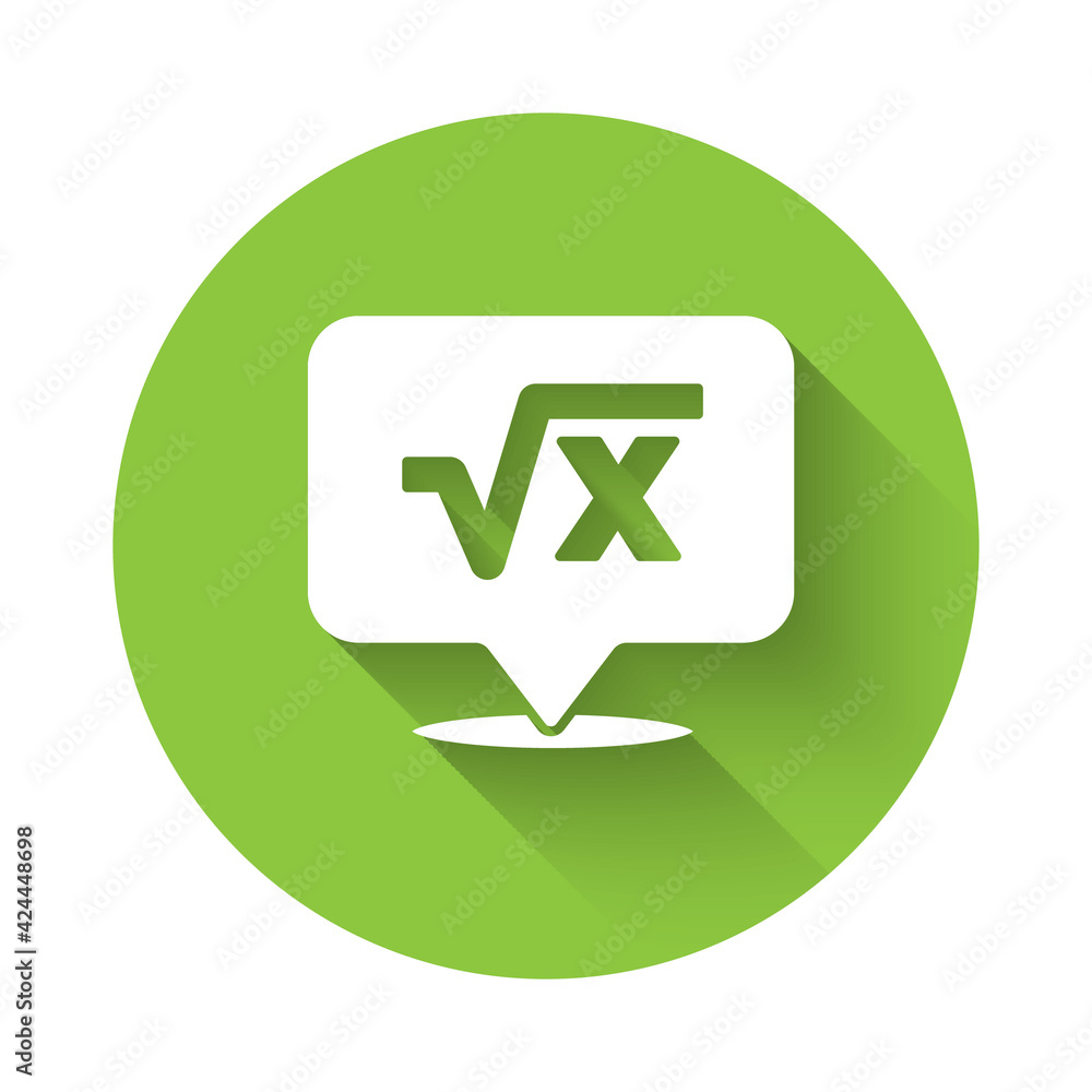 Poster white square root of x glyph icon isolated with long shadow. mathematical expression. green circle b