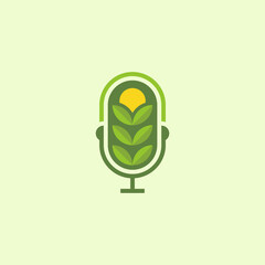 Agriculture podcast -  green leaves and sun inside microphone logo design template