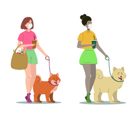 Women walking dogs in a face medical masks. Women with grocery bag and drinks. Vector flat illustration isolated on white background.