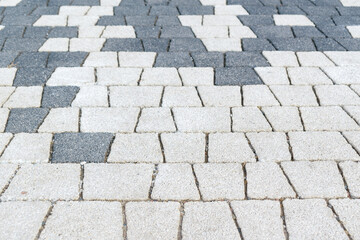 Paving stones for the backdrop. Trapezoidal stones. View angled with perspective. Color - Raven Hue Blue, Zircon Hue Gray.