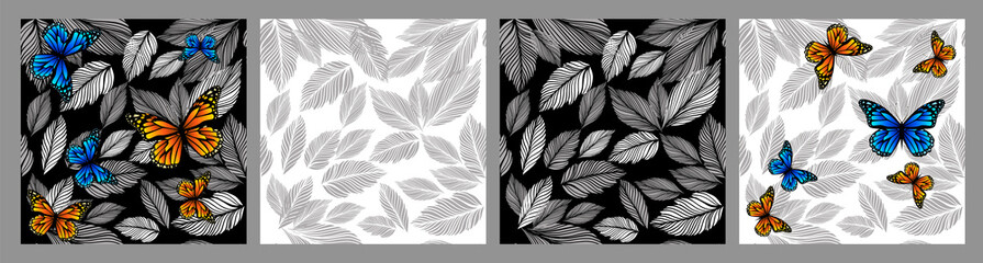 Graphic leaves seamless monochrome pattern with butterflies. Dark and light background. vector illustration