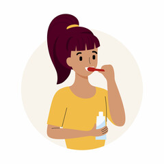 A woman brushes her teeth with toothpaste. Vector character in a flat style. Oral hygiene.
