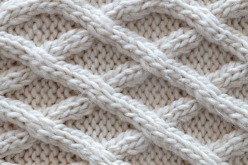 Background from beautiful, knitted background, Aran pattern, weave from braids. Concept handicrafts, DIY, leisure, fashionable warm clothes, hobbies. Top view, macro, close-up, flat lay. Horizontal