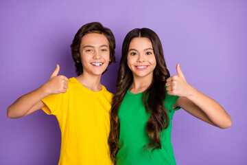 Photo of young two kids happy positive smile show thumb-up like cool perfect ideal suggest isolated over purple color background
