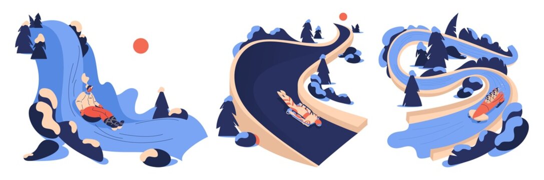 Vector concept illustrations set with women riding in winter scenery. Wok racing, Skeleton and bobsleigh characters drawn in blue and beige