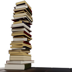 Large stack of various books on a white background. Place for your text. 3d illustration