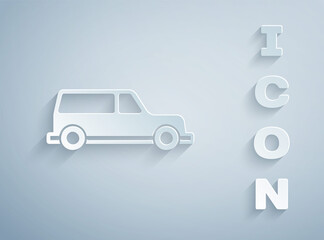 Paper cut Hearse car icon isolated on grey background. Paper art style. Vector