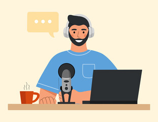 Young smiling man sitting with headphones and microphone recording audio podcast. Concept of radio broadcasting. Flat vector illustration.