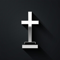 Silver Grave with cross icon isolated on black background. Long shadow style. Vector