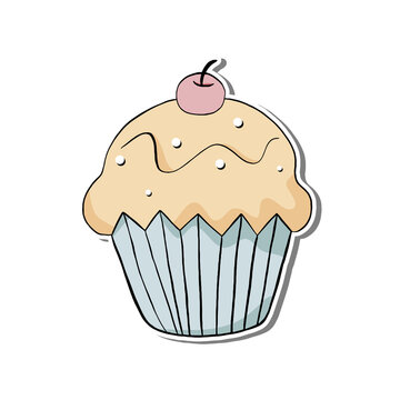 Colorful pastel Doodle Cupcake with cherry on white silhouette and gray shadow. Hand drawn cartoon style, decoration for any design. Vector illustration of sweet, kid and party. 