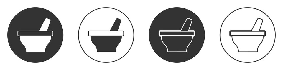 Black Mortar and pestle icon isolated on white background. Circle button. Vector