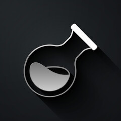 Silver Test tube and flask chemical laboratory test icon isolated on black background. Laboratory glassware sign. Long shadow style. Vector