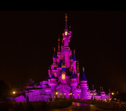 Paris, France - April 24, 2015: A picture of the Sleeping Beauty castle of Disneyland Paris, at night.