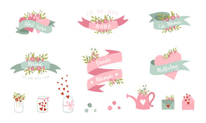 Lovely hand drawn Mother's Day doodles, banderoles and text in german language saying "Thank you Mom, For Mom and similar" - great for print products, cards, wallpapers, banners - vector design