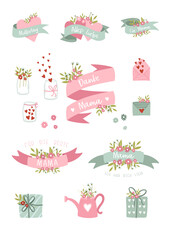 Lovely hand drawn Mother's Day doodles, banderoles and text in german language saying 