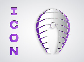 Paper cut Fish steak icon isolated on grey background. Paper art style. Vector