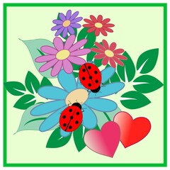 Lagybirds on flower card from flowers and hearts