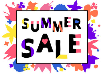 Obraz premium Summer sale.Bright lettering in a floral frame of decorative graphic flowers.Typographic and web template for discount card, flyer, sale promotion.Vector illustration.